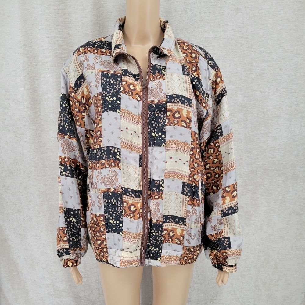 Xposure Silk Vintage Bomber Jacket Mixed Print Leopard Patchwork Women's Medium